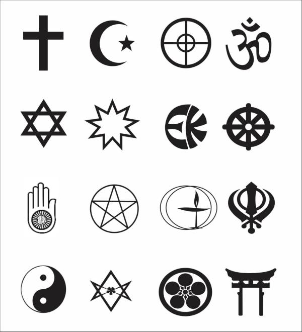 Symbols representing religion religion in the world: Christians, Muslims, Onisese, hindus, jews, Baha'is, Eckists, Buddhist, Jains, Wiccans, UU's, sikhs, Taoists, Thelemites, Tenrikyoists, Shintoists