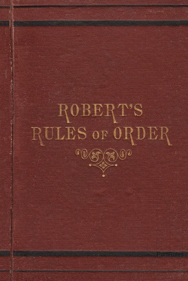 A photo of a deep crimson book cover, with gold writing in the middle 'Robert's Rules of Order'. There is gold decorative drawings under the title.