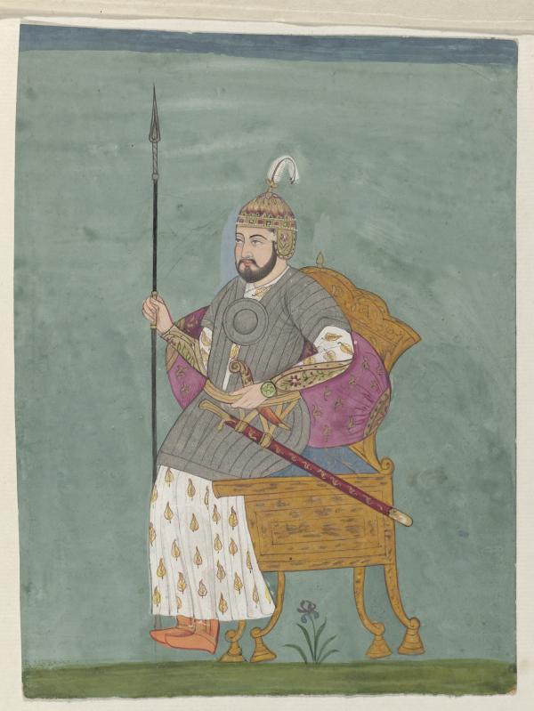 A portrait of Tamerlane seated on a throne with spear