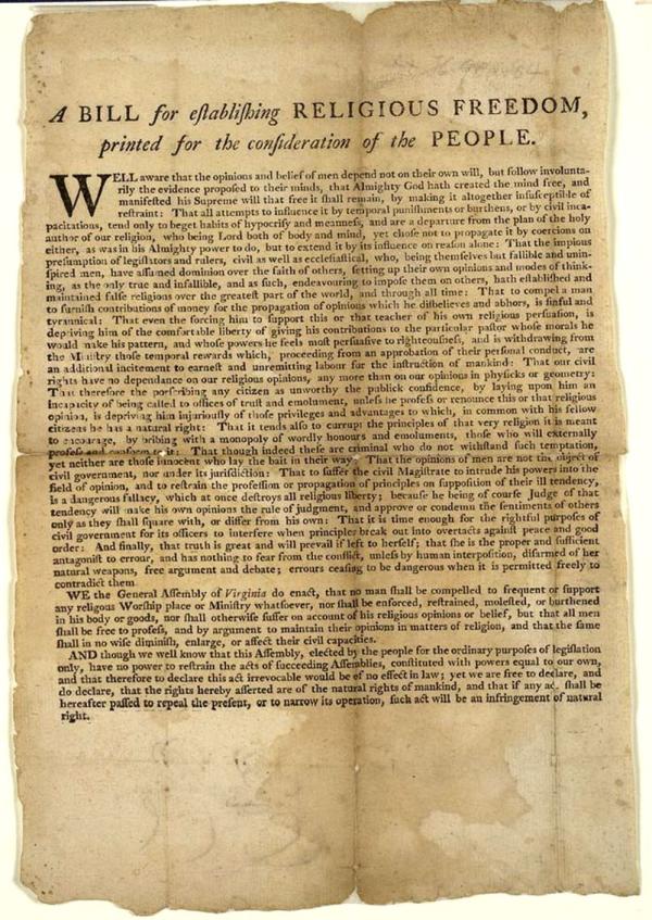 Image of Thomas Jefferson's Bill for establishing religious freedom