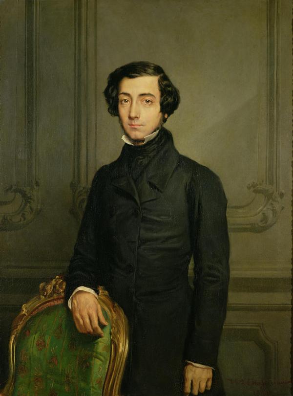 A painting of Alexis de Tocqueville wearing a black 1800's jacket, his right hand resting against a green and gold chair.
