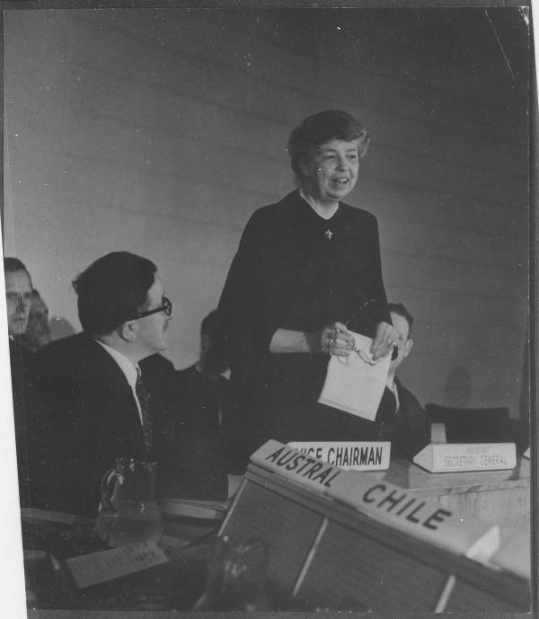 Eleanor Roosevelt at United Nations for Human Rights Commission meeting in Lake Success, New York