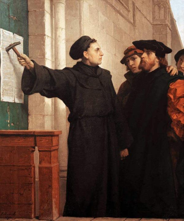 A depiction of Martin Luther nailing his “Ninety-Five Theses on the Power and Efficacy of Indulgences” at the University of Wittenberg in 1517.