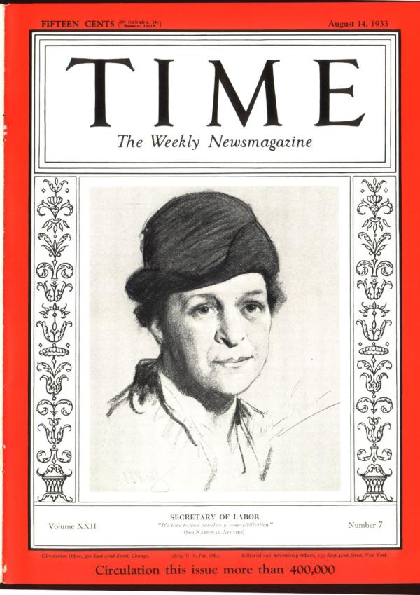Time magazine, Volume 22 Issue 7, August 14, 1933. Front cover is an illustration of Frances Perkins, United States Secretary of Labor.