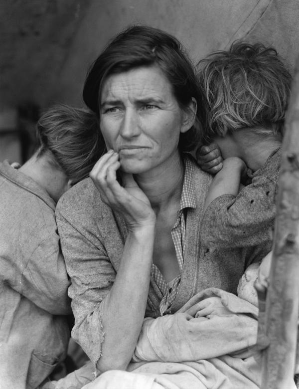Dorothea Lange's migrant agricultural worker, homeless and hungry, during the Great Depression,1936.