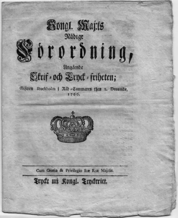 Title page of the 1766 Swedish Freedom of the Press Act