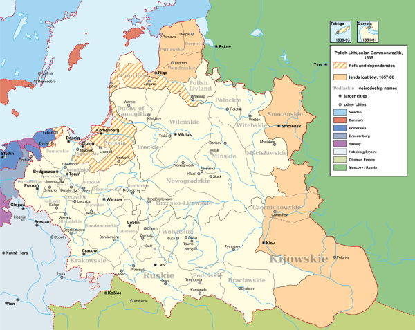 A map of the Polish-Lithuanian Commonwealth showing the borders from 1635-1686