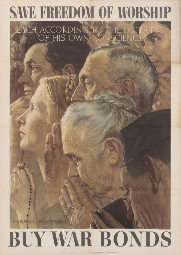 This poster by Norman Rockwell depicts men and women of various races and faiths, including a woman with rosary beads, with hands clasped in prayer.