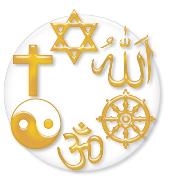 Symbols of six of the major religions of the world, clockwise from the top: Judaism, Islam, Buddhism, Hinduism, Taoism and Christianity.